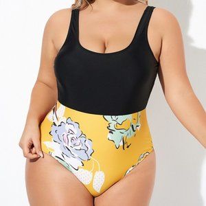 Yellow Floral Split One Piece Swimsuit